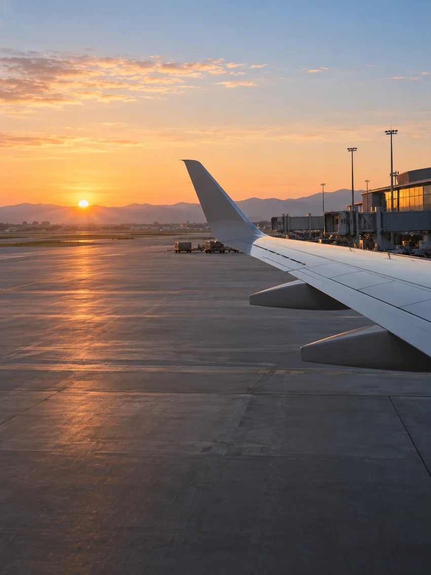 Representative airport apron and aircraft wing at dawn
