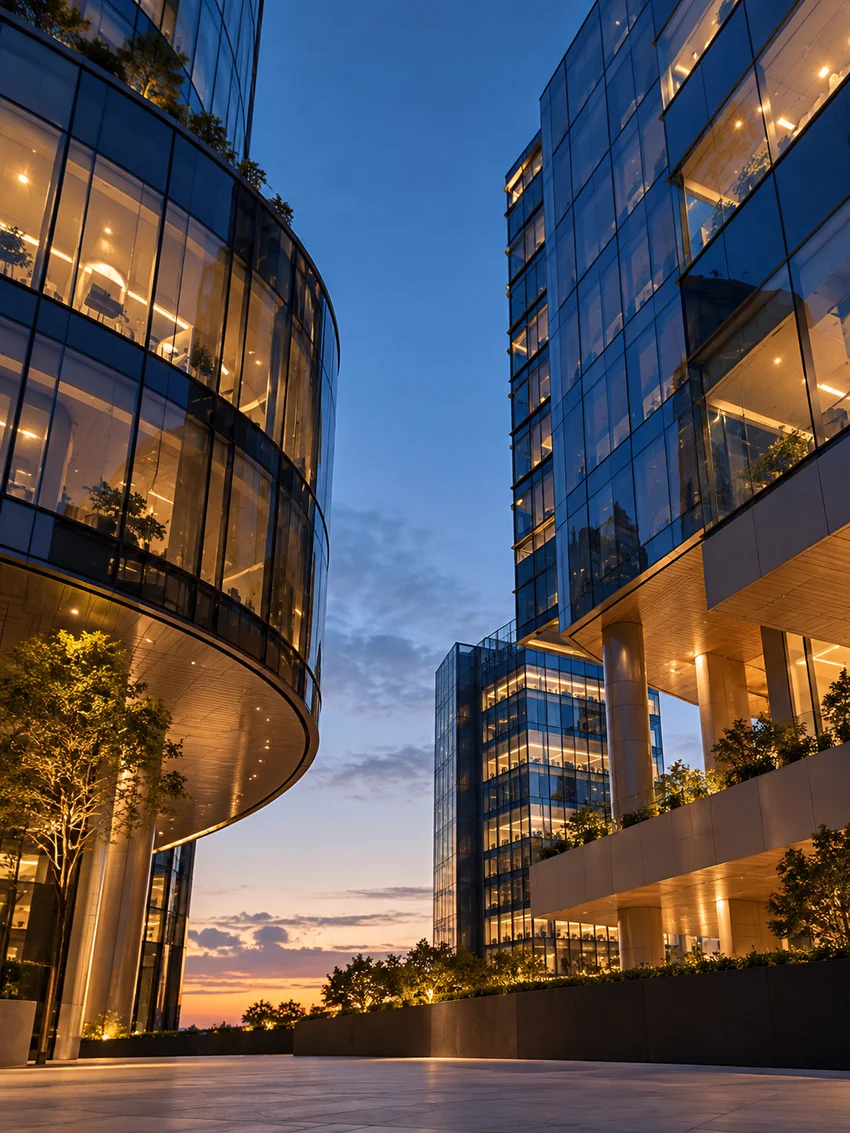 Contemporary city office architecture at blue hour