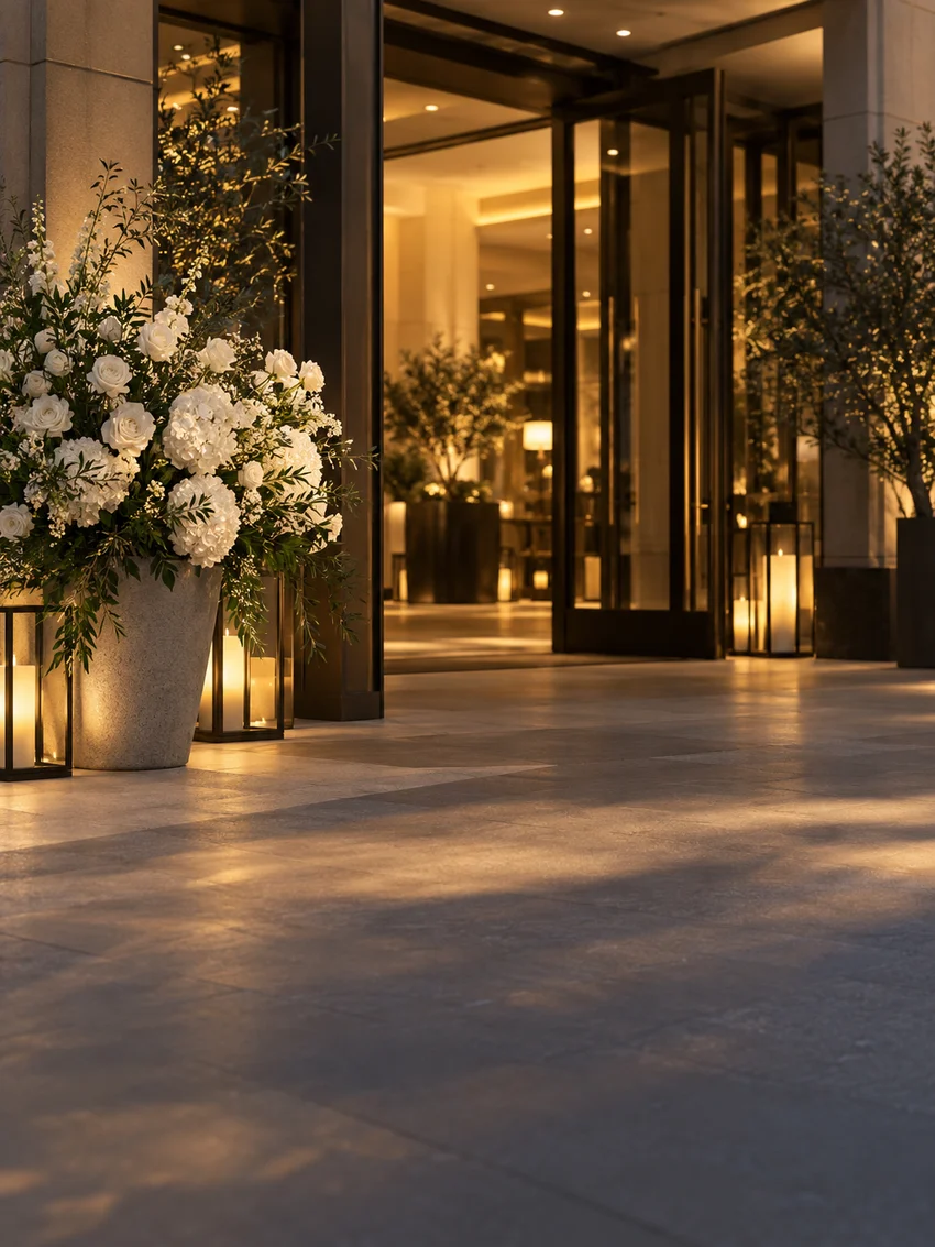 Representative evening event entrance with elegant floral details