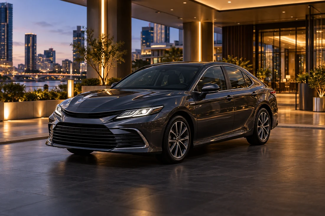 Representative well-presented executive sedan at a hotel forecourt