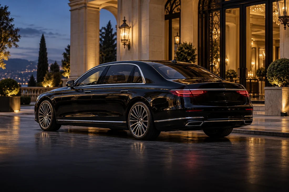 Representative flagship sedan outside a refined hotel entrance